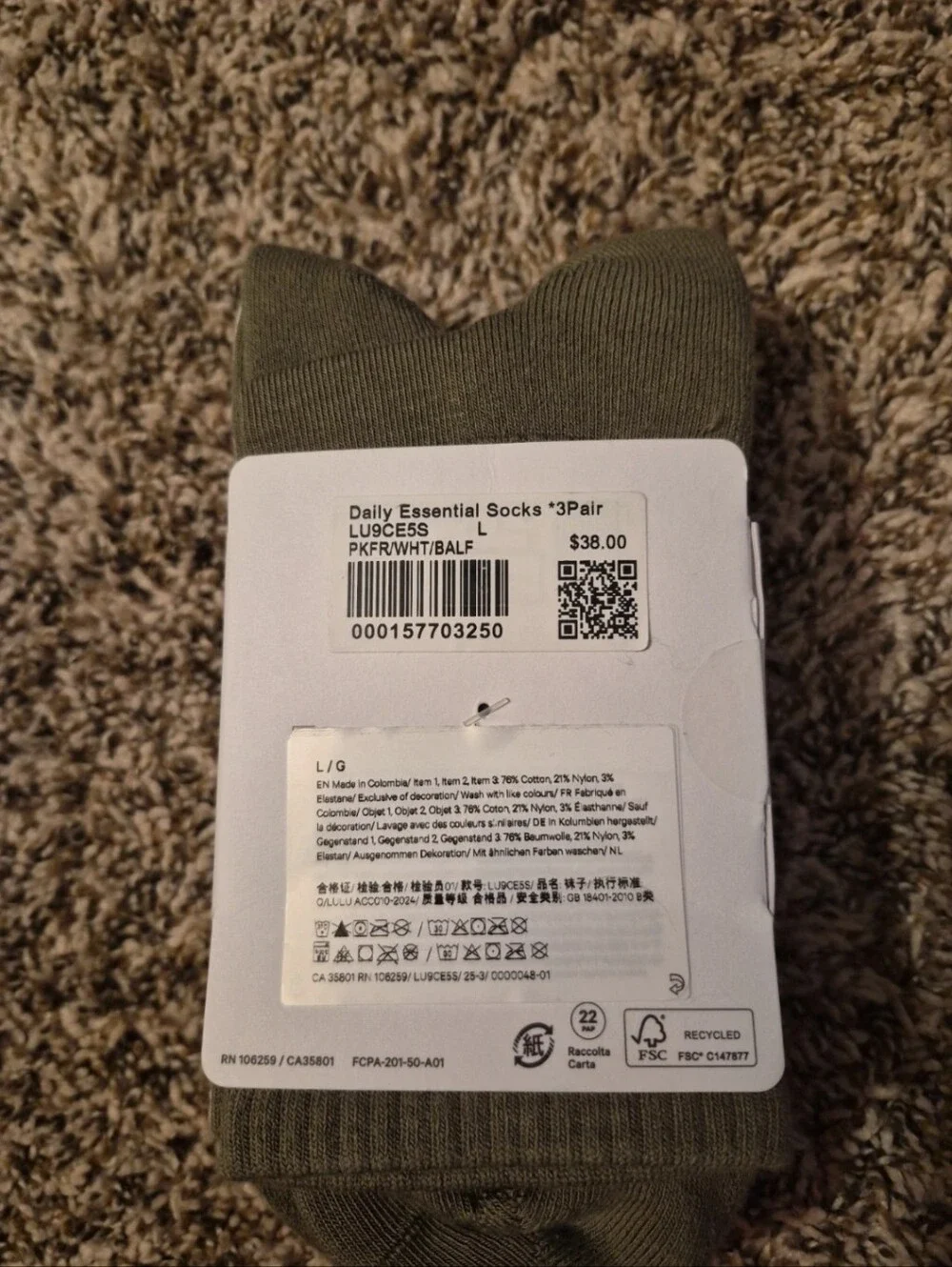 Lululemon Daily Essentials Socks 3 Pack Size L NWT